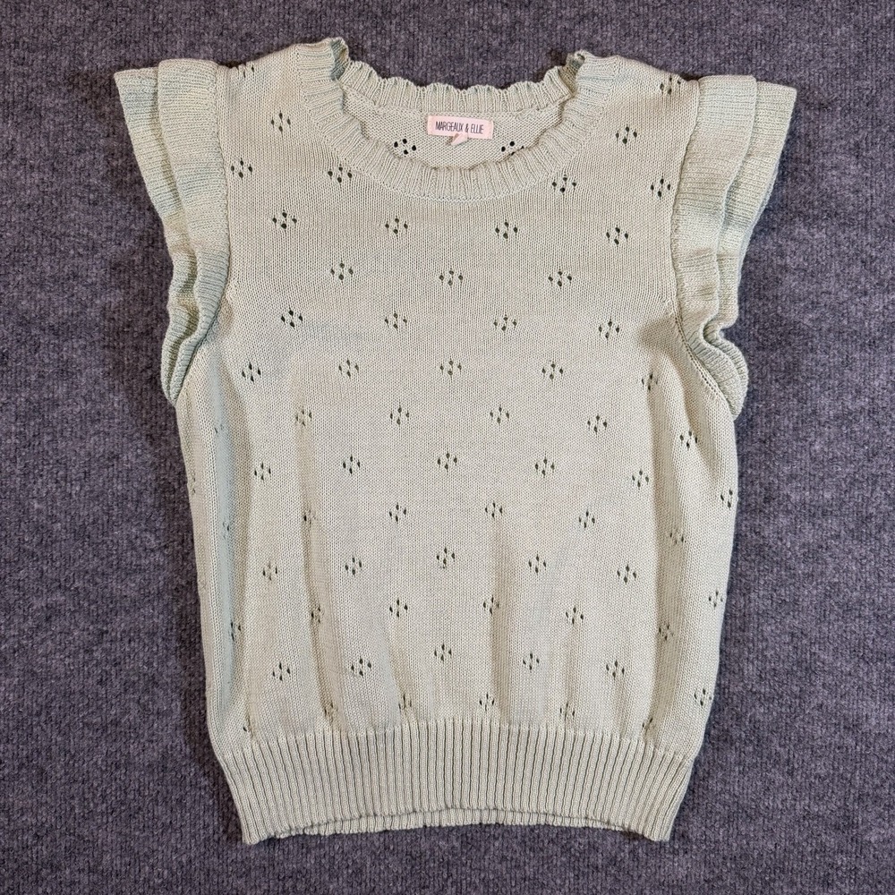 Margeaux & Ellie Womens M Pointelle Knit Green Top Ruffle Cap Sleeve Cottagecore